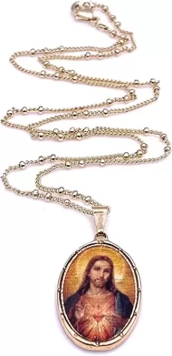 LESLIE BOULES Sacred Heart of Jesus Pendant Necklace for Women 18K Gold Plated Chain Religious Jewelry