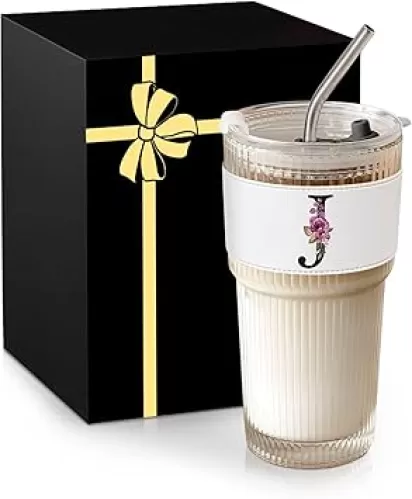 Letter Glass Cup with Lid Straw Ribbed Ice Tea Coffee Matcha Latte Clear Tumbler Cute Stuff Brides Wedding Her Day Bridal Shower Bachelorette Personalized Customized Gift Party Engaged Engagement J