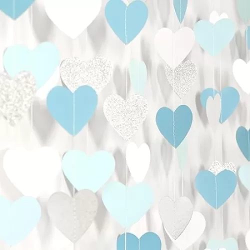 Light-Blue White-Silver Party-Decoration Heart Garland - 52ft Baby Boy Shower Birthday Streamers, Graduation Bachelorette Bridal Christmas Banner Decor Lasting Surprise