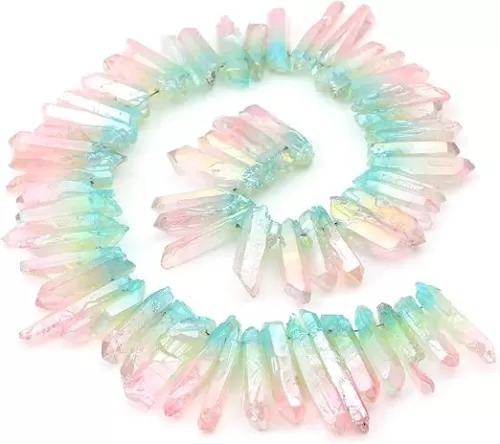 Light Blue/Pink Titanium Coated Crystal Quartz Spike Point Stick Beads Rough 1.0"-1.5" for Jewelry Making 15 Inch/Strand