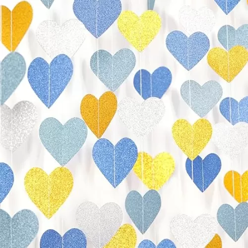 Light-Dusty Blue-Gold Silver Party-Decorations Heart-Garland - 52Ft Boys Birthday Baby Bridal Shower Wedding Hanging Streamers Banner, Bachelorette Engagement Supplies Decor Panduola