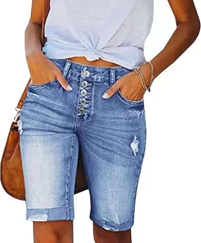 LONGYIDA Jean Bermuda Shorts for Women Knee Length High Waisted Button Fly Ripped Denim Shorts