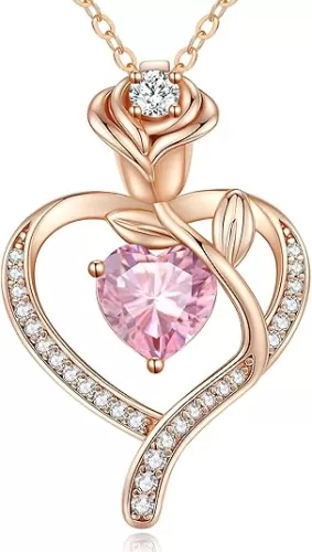 LOUISA SECRET Rose Flower Heart Birthstone Necklaces for Women, 925 Sterling Silver Fine Jewelry, Pendant Heart Necklaces Birthday Anniversary Christmas Gift for Women Wife Mom Girlfriend Lady