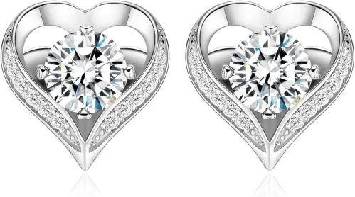 LOVE&LOVE Moissanite Stud Earrings, 1CT/2CT Imitation Diamond Earrings, Heart Earrings for Women, 18K White Gold Plated Sterling Silver, Jewelry Gift for Her Him Birthday Anniversary Graduation