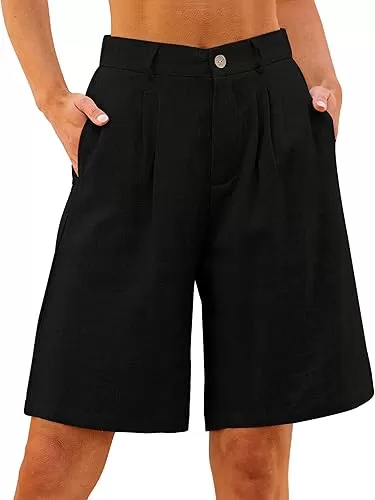 luvamia Bermuda Shorts for Women High Waisted Linen Dressy Casual Pleated Wide Leg Summer Shorts with Elastic Waist