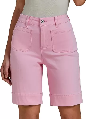 luvamia Bermuda Shorts for Women High Waisted Trendy Patch Pocket Casual Vintage Long Stretchy Denim Shorts Summer Jorts