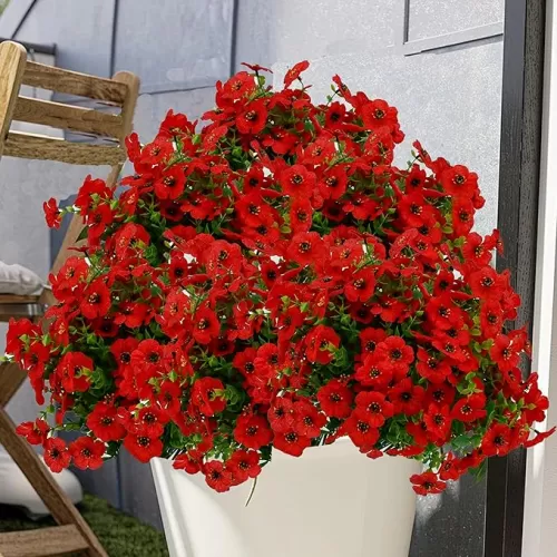 Mandy's Red Artificial Daisy with Eucalyptus Leaves 12 Bundles Faux Flowers Outdoor Silk Bouquet for Garden, Patio, Porch, Wedding or Home Décor