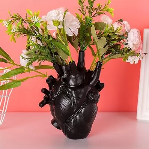 MANMAOHE Black Anatomical Heart Vase Resin Flower Pot Desktop Ornament Heart Shaped Vases for Flowers Heart Sculptures Home Decor, 4.3x6 Inch
