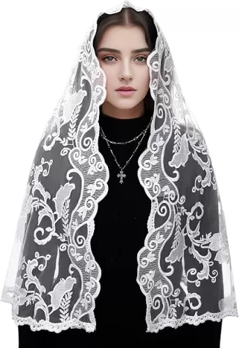 Mantveil Lace Mantilla Chapel Veil: Long D Shaped White Flower Embroidered Church Veils for Women Catholic Latin Mass Head Covering