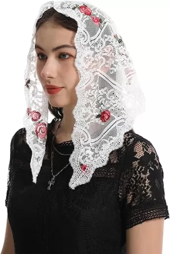 Mantveil Women Catholic Veils with Clip: Rose Floral Embroidered Lace Mantilla Chapel Church Veil Head Covering Latin Mass