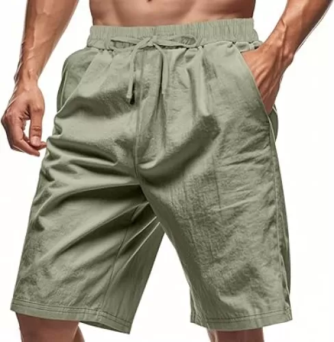 Mens Linen Shorts Casual Drawstring Elastic Waist Lightweight Breathable Bermuda Summer Beach Short Pant for Men