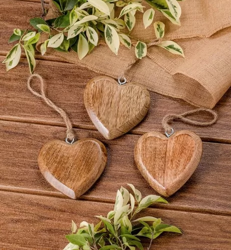 Mie Creations Set of 3 Rustic Wooden Heart Ornaments, Valentine's Day Decorations, Love Gifts for Him, Her | Farmhouse 4 inch Wood Hearts with Jute Twine, Hand Carved Wall Hanging Home Decor