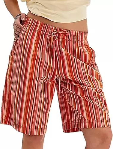 MISSACTIVER Women Stripe Bermuda Shorts Knee-Length Drawstring Elastic Waist Wide Leg Baggy Shorts with Pockets