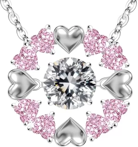 Moissanite pink heart-shaped round pendant necklace ， for anniversaries, Mother's Day, Valentine's Day and Christmas gifts. The dancing pure silver necklace, A ritualistic gesture dedicated to oneself