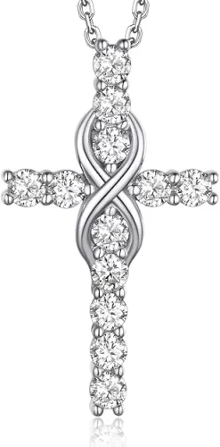 MomentWish Cross Necklace for Women, Christian Gifts for Her, Moissanite Cross Pendant, 925 Sterling Silver Necklaces Religious Anniversary Birthday Gifts for Women-