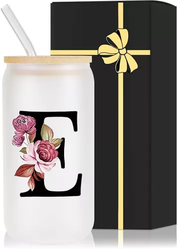 Monogrammed Glass Drinking Cup With Lid Straw Best Female Friend Happy Birthday Gift Ideal Close Women Bf Stuff Bestie Soul Sister Ever Long Distance Personalized Unique Cute Christmas Xmas Present, E