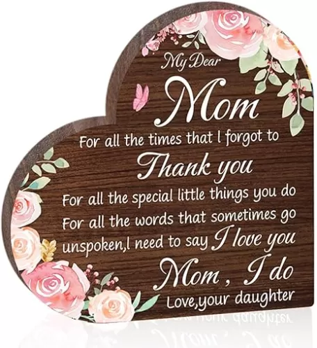 Mother's Day Gift Mom Heart Shape Wooden Sign - 5" Tabletop Block Decoration Thank You Gift For Mom From Daughter Son - Mom Thank You - Mother's Birthday Plaque Gifts Supplies - A03