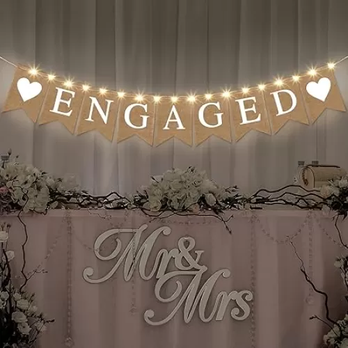 Moukeren Engagement Party Decorations Engaged Banner Heart Burlap Rustic Bunting Garland LED Fairy Lights Battery Operated String Lights for Outdoor Tree Decorations Wedding