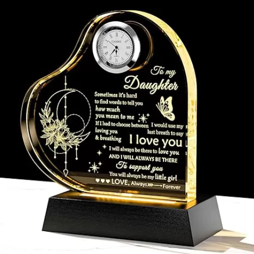 Movdyka Daughter Gifts from Mom Dad Unique Glass Heart Shaped Keepsake, Birthday Gifts for Daughter Adult with Colorful Light Base, Present to My Daughter on Wedding Mothers Day Graduation
