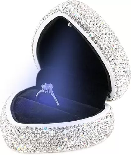 Naimo Full Rhinestone Heart Shaped Ring Box Velvet Holder Jewelry Box Organizer Display Case with LED Light for Proposal Engagement Wedding Birthday Gift