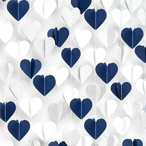 Navy-Blue White Silver 3D-Heart Garland - 39Ft Graduation Hanging Decoration Streamers Banner, Bridal Birthday Engagement Bachelorette Baby Shower Christmas Baby Shower Valentines Party Decor Ouruola