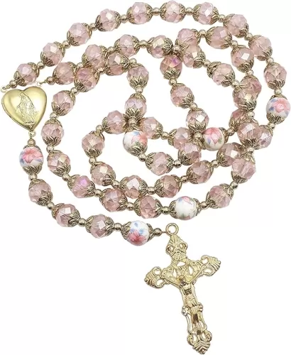 Nazareth Store Catholic Pink Crystal Beads Gold Rosary Flowers Beaded Necklace Holy Mary Heart Locket Medal & Cross Religious Amulet for Women