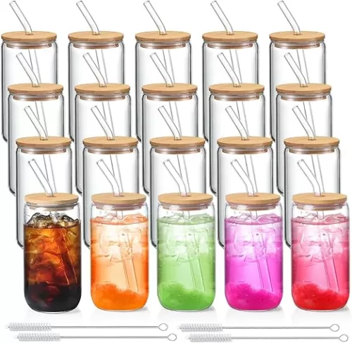 NETANY 20 Pack Glass Cups with Lids and Straws 16 oz, Personalized Customizable Glasses for Gift, Business, Drinking glasses set, Iced Coffee Cup, Cute Aesthetics Tumbler for Tea, Homemade Drinks