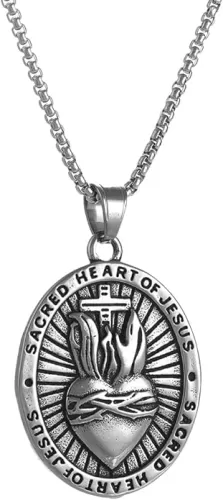 NIGHTCRUZ Sacred Heart of Jesus Necklace, Oval Religious Medal Medallion Stainless Steel for Men Women