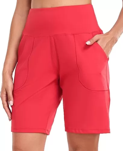 Oalka Women's High Waisted Shorts Yoga Workout Bermuda Long Hiking Shorts with Pockets