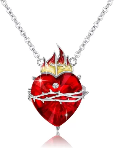 OHAYOO Sacred Heart of Jesus Necklace 925 Sterling Silver Cross Sacred Heart Necklace Inlaid Cubic Zirconia Christian Amulet Christian Gift, Perfect for Prime Shopping