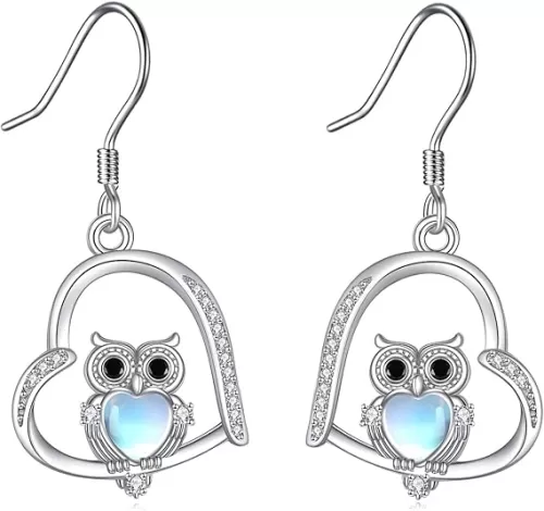 Owl Earrings 925 Sterling Silver Moonstone Heart Shape Dangle Drop Earrings Owl Jewelry Gifts for Women