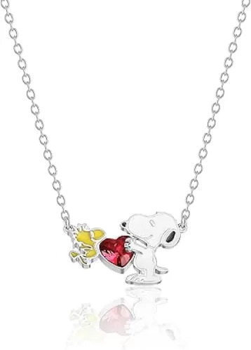 Peanuts Official Snoopy & Woodstock Necklaces – Silver Flash-Plated with Red Crystal or Charm Accents, Licensed Jewelry