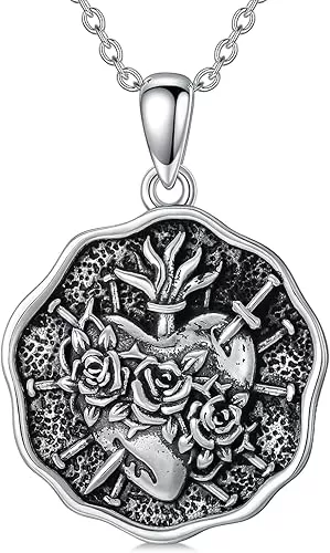 PELOVNY Sacred Heart Necklace S925 Sterling Silver Sacred Heart of Jesus Pendant Necklace Religious Jewelry Gifts for Women Men