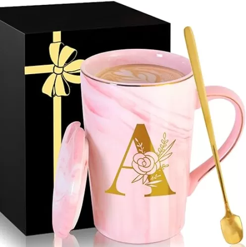 Personalized Ceramic Women Coffee Mug Tea Cup with Lid Heavy Pretty Large Pink Customized Cool Cute Women Birthday Christmas Gift for Her Wife Mother Day Grandma Girlfriend Friend Friendship Unique, A