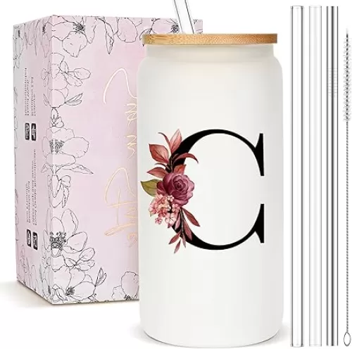 Personalized Gifts for Women, Monogrammed Frosted Glass Tumbler with Straw and Lid, Cute Customized Mug, Custom Initial Iced Coffee Glasses, Customizable Drinking Cup, Birthday Teacher Woman, C
