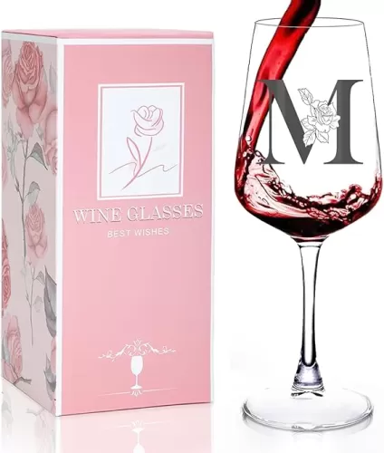 Personalized Gifts for Women, Monogrammed Initial A-Z Wine Glass Customized, 50th Birthday Gifts for Her, Unique Mothers Day, Anniversary, Happy Birthday, Gifts for Mom, Men, Friends, Daughter, Sister(M)