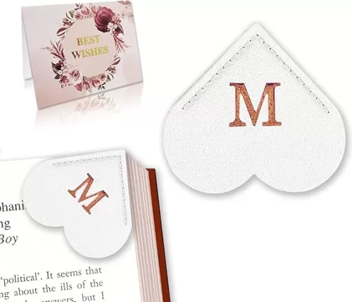 Personalized Leather Heart Bookmark with Initial, Cute Letters Custom Corner Book Mark for Reading Women, Student, Book Lovers, Teacher Appreciation Gifts (White Rose Gold, M)