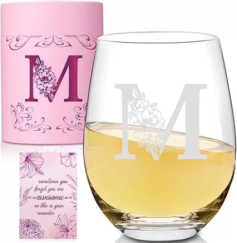 Personalized Stemless Wine Glass Gifts for Women, Monogrammed A-Z Initial Engraved Wine Glass Customized Gift, Birthday Gifts for Women Her, Wedding Gift Ideas for Mom Friend Sister Wife Daughter
