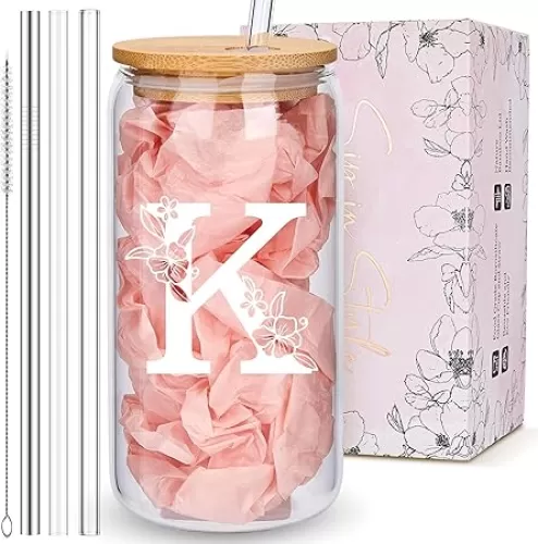 Personalized Tumbler, Monogrammed Can Glass Cups with Bamboo Lids and Straws, Customized Gifts for Women, Cute Design Initial Iced Coffee glasses, Custom Letter Mug, Birthday Bridesmaid, K