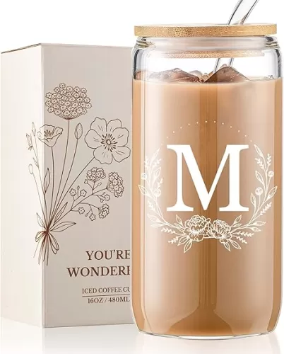 Personalized Wedding Bride to be Gifts for Women, Monogrammed 16oz Glass Cups with Bamboo Lids and Straws, Customized Glass Tumbler, Cute Custom Mug, Customizable Initial Iced Coffee Glasses, M