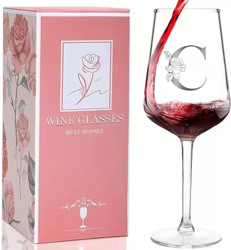 Personalized Wine Glass Gifts for Women Monogrammed A-Z Wine Glass with Gift Box & Greeting Card Customized Wine Glasses Initial Wine Glasses Gift for Birthday, Mothers Day for Best Friend, Sister (J)