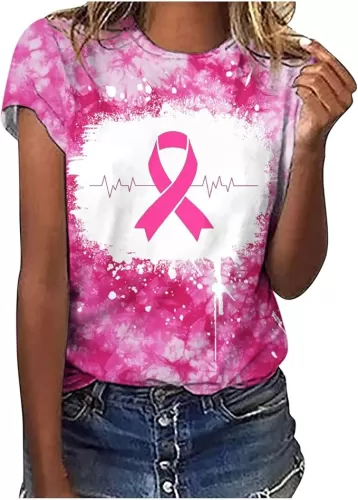 Pink Breast Cancer Shirts for Women Cancer Survivor Ribbon Blouses Tops Short Sleeve Cancer Fight Awareness Shirt