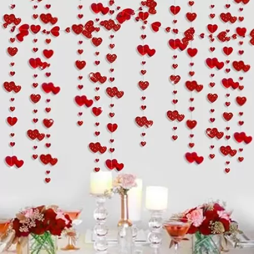 pinkblume Valentines Day Party Decoration Red Heart Garland Metallic Glitter Hanging Heart Streamer Banner for Anniversary Mother