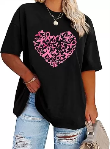 Plus Size Breast Cancer Shirts Womens Cute Love Heart Ribbon Graphic Print Tee Casual Cancer Awareness Tee Tops