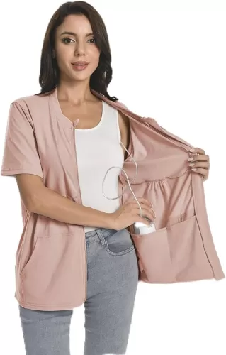 Post Mastectomy Zip Shirts with Drain Pockets Surgery Recovery Must Haves Clothing Comfy Short Sleeve Shirts