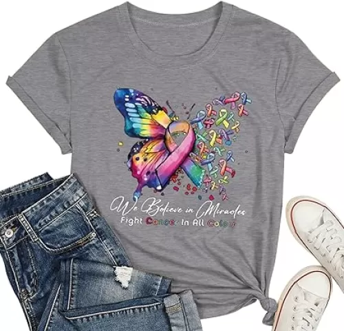 PQZ Breast Cancer Shirts for Women Cancer Awareness Tee Womens Butterfly Tee Shirt Cancer Survivor Tops