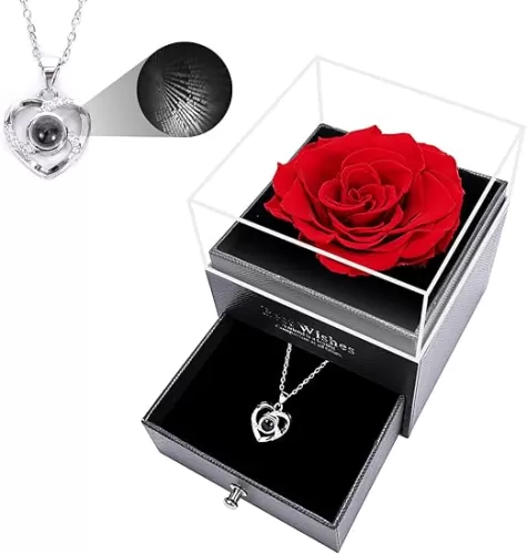 Preserve Real Roses, Gifts for Wife, Women, Girlfriend, Mom, Grandma, 100 Languages I Love You Heart-Shaped, Valentines Mothers Day Christmas Anniversary Romantic Gift (Red)
