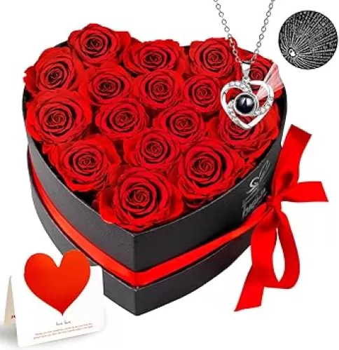Preserved Flowers，16 Piece Forever Roses Heart Shaped Box with Necklace，Gifts for women，Girlfriend, Mom, Wife on Valentine's Day, Mother's Day, Birthday, Anniversary, Thanksgiving, Christmas
