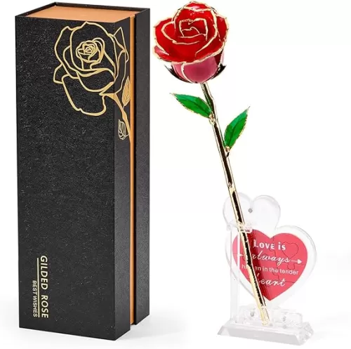 Real 24K Gold Dipped Realistic Rose – Timeless Lifelike Bloom with Heart Puzzle Base – Romantic Red Flower Gift for Her, Wife, Girlfriend, Mom – Birthday, Anniversary, Mother’s Day (Red)