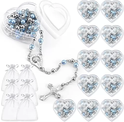 ROCEEI Catholic Rosary Necklace 4 mm Glass Beads Rosary Favors Crucifix Prayer with Faux Pearl with Heart Shaped Box and Organza Bag for First Communion Baptism
